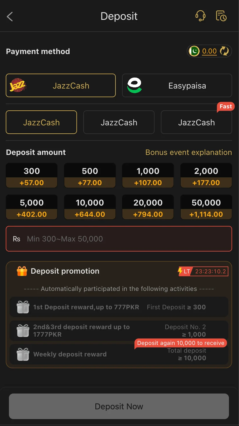 Masti 365 deposit money screen with JazzCash EasyPaisa
