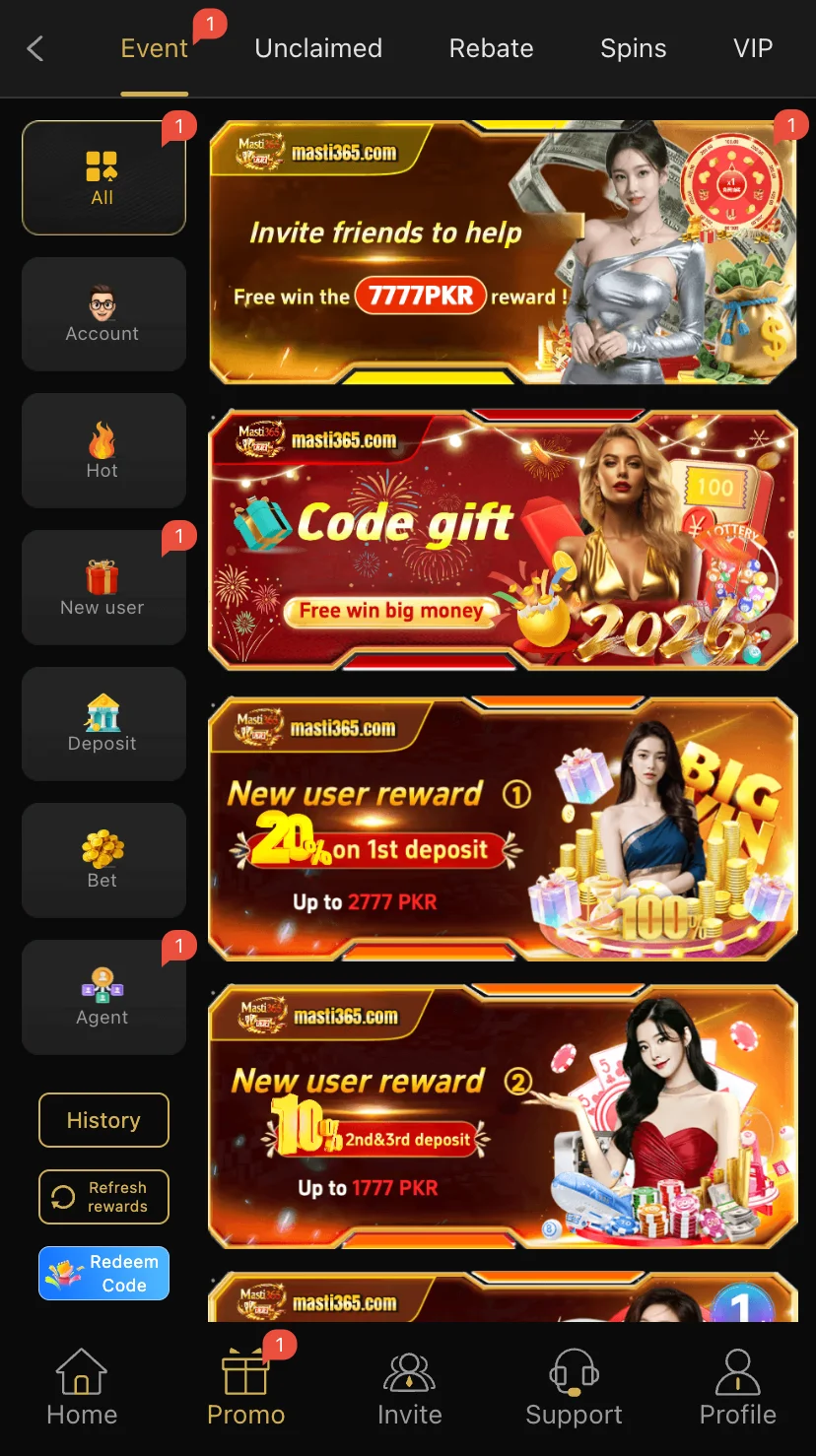 Masti 365 events and promotions screen