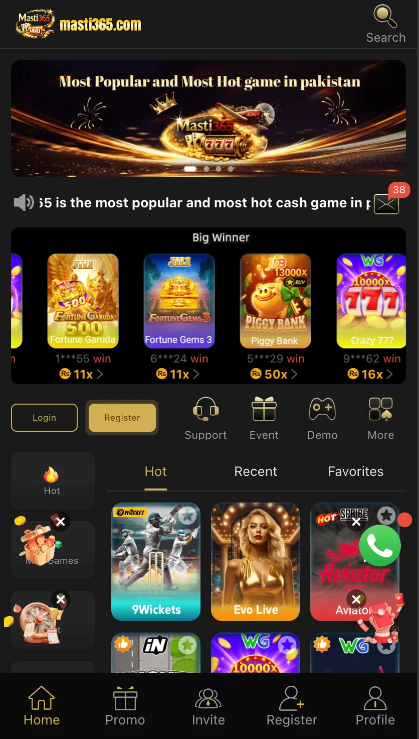 Masti 365 mobile game lobby screenshot